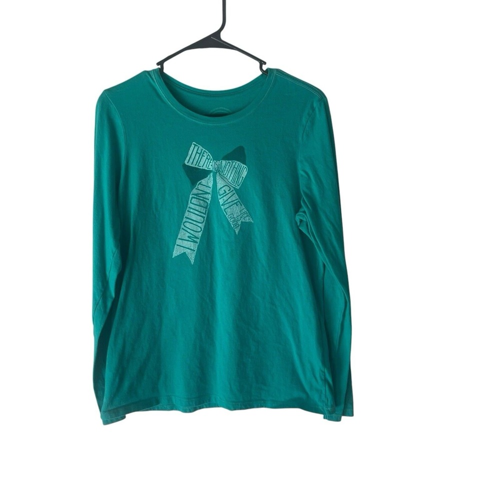 Life is Good Womens Teal Green Bow‎ Graphic Long Sleeve Tee Shirt Size M